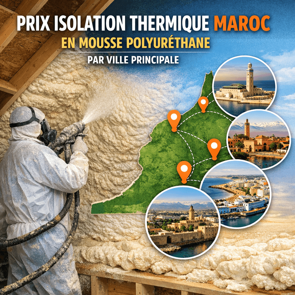 Map of Morocco showing thermal insulation prices with polyurethane foam in major cities like Casablanca, Rabat, and Marrakech